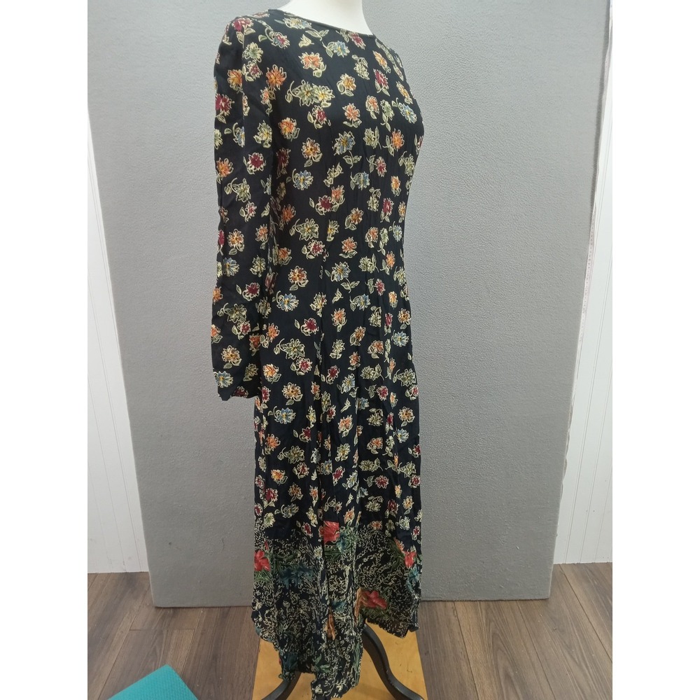 Adini Maxi Dress Womens Sz P Black Floral Cottagecore Rayon Long Sleeve Casual‎ - Picture 5 of 12